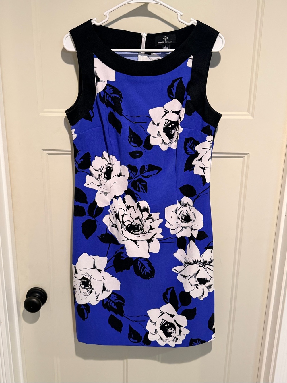 Ronni Nicole Blue Floral Dress with Black Trim - 10